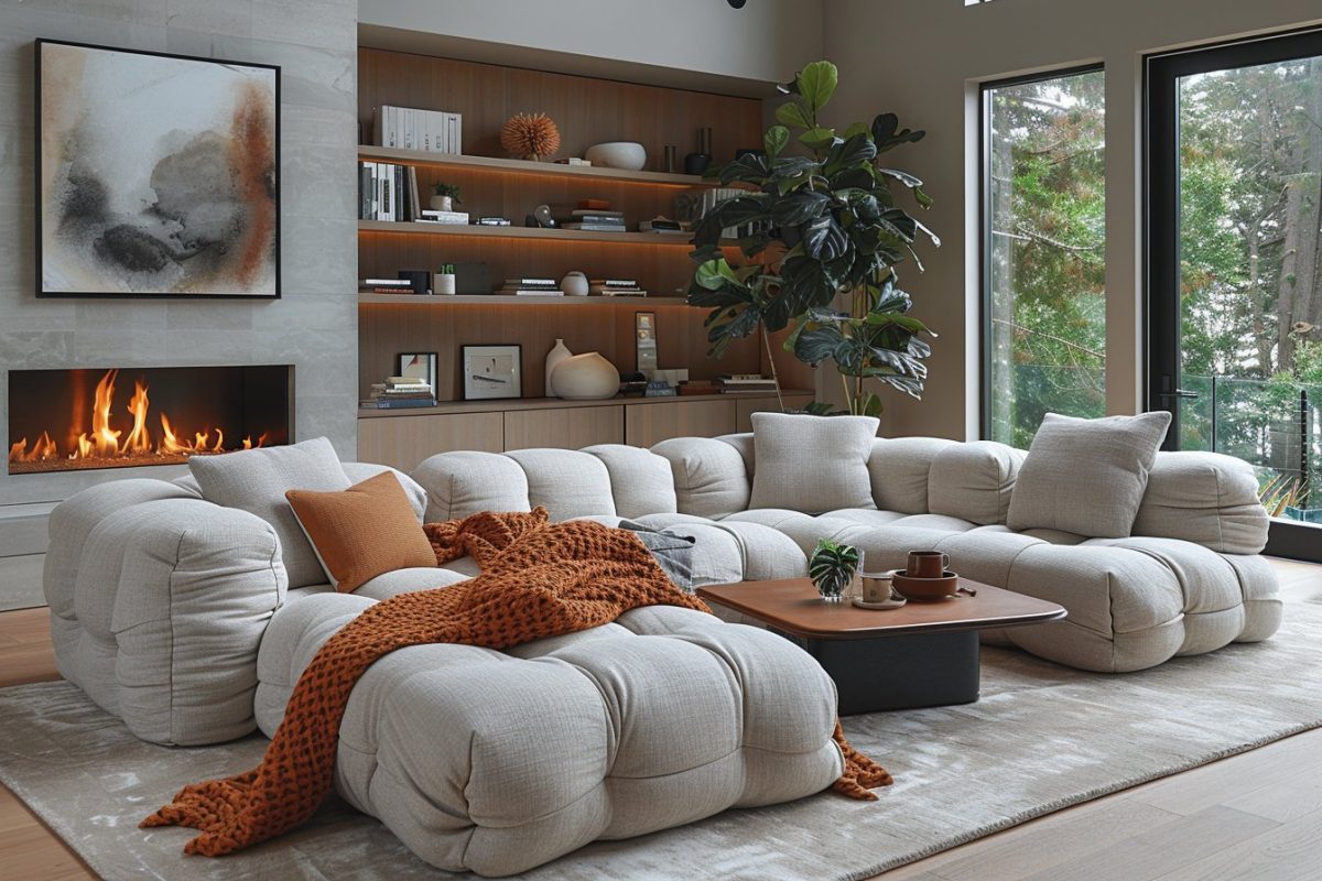 L'intérieur cosy d'une maison, un salon avec un grand canapé et une cheminée