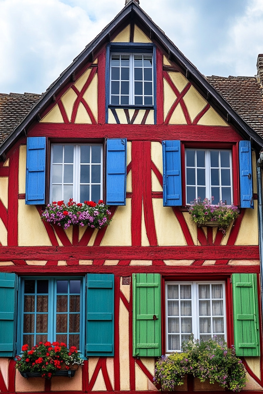 Maison à colombage très colorée avec des poutres peintes en rouge