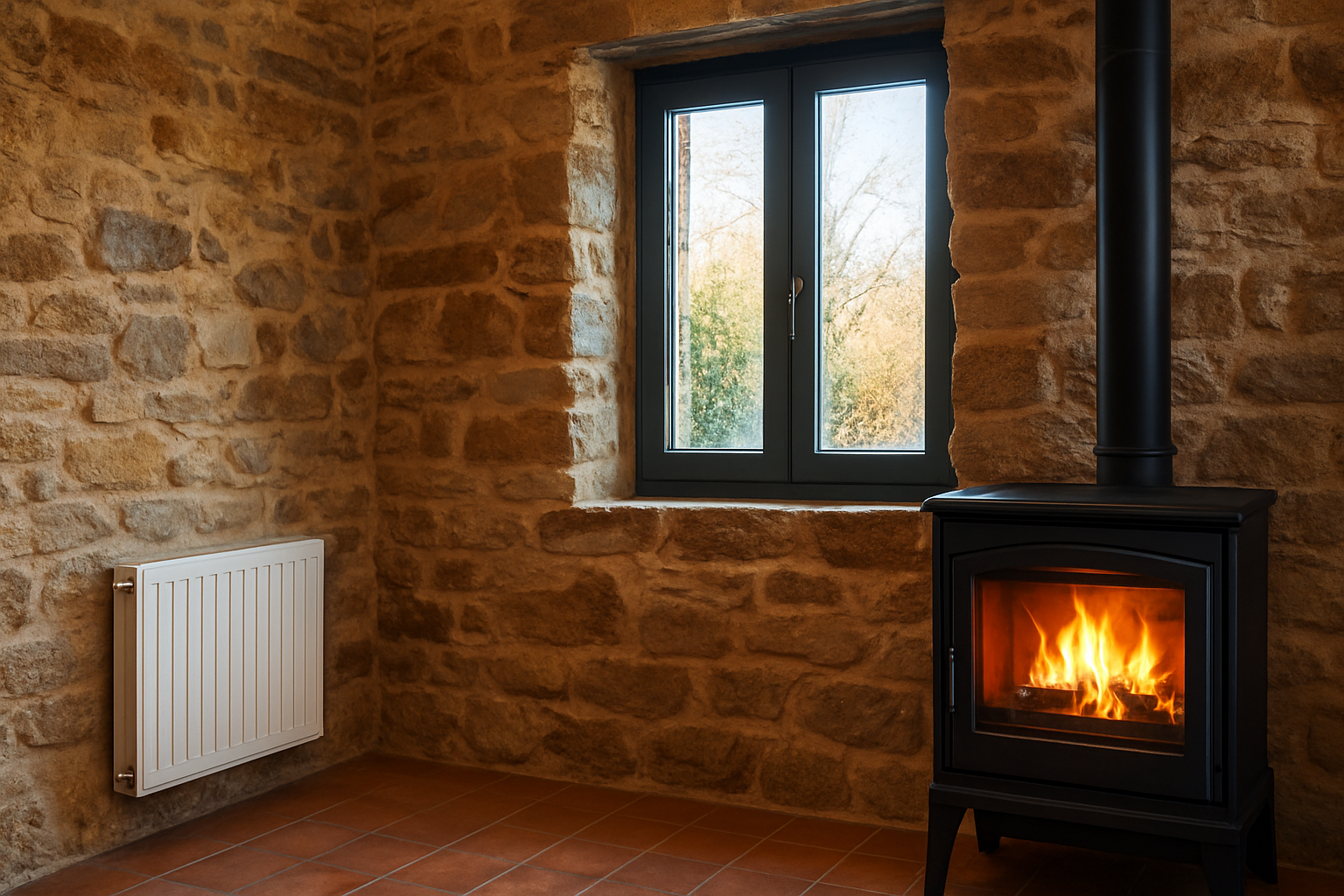 Mur en pierre ancienne d'une maison traditionnelle nécessitant isolation thermique avant installation chauffage