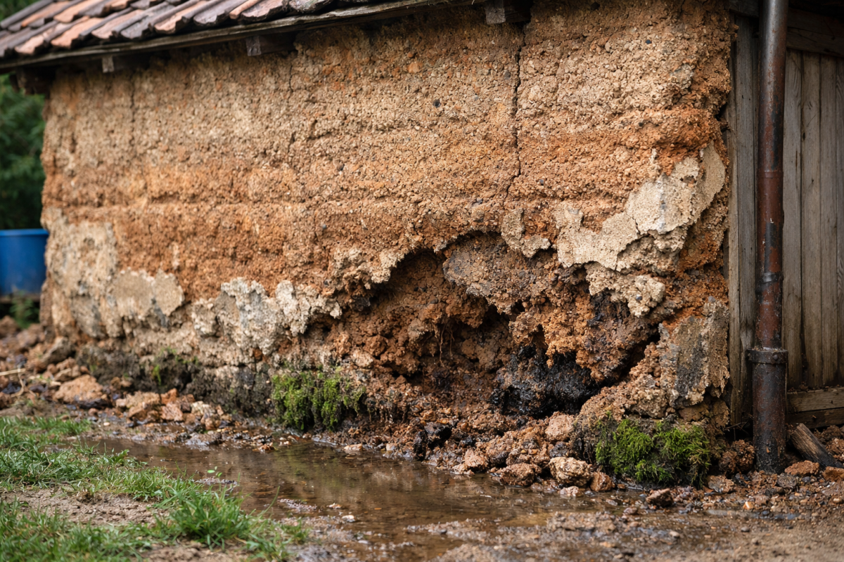 Mur en pisé dégradé par l'humidité avec fissures et infiltrations d'eau menaçant la structure de la maison