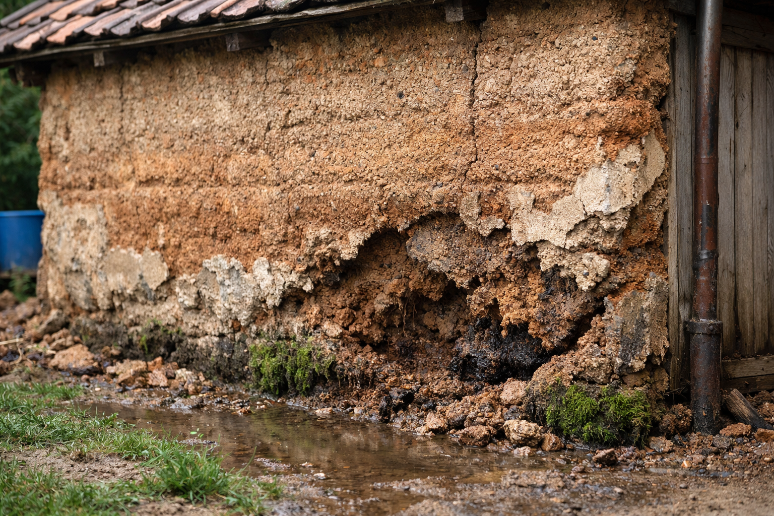 Mur en pisé dégradé par l'humidité avec fissures et infiltrations d'eau menaçant la structure de la maison