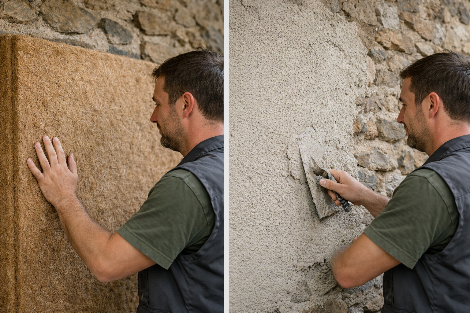 Isolation d'un mur en pierre préservant l'inertie thermique avec matériaux naturels et respirants