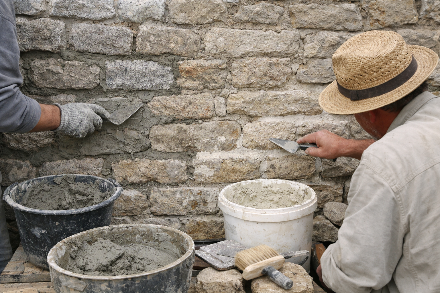 Maçon rejointoyant un mur en pierre