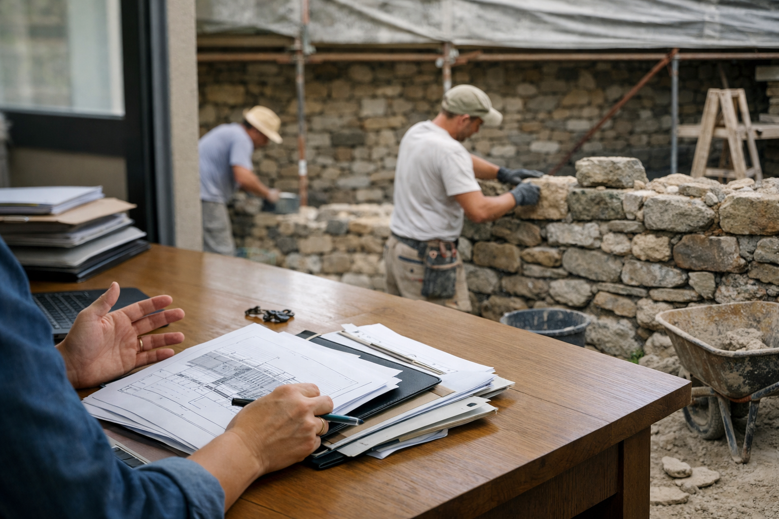 Deux ouvriers montant un mur en pierre, plans sur table