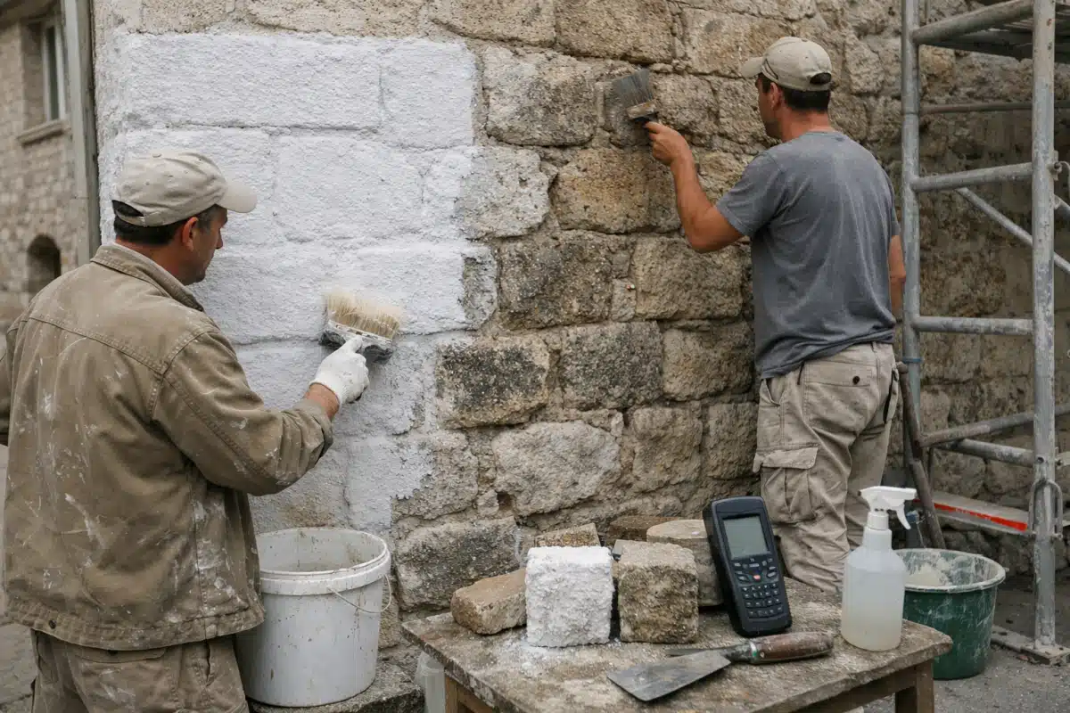 Deux ouvriers enduisant un mur en pierre