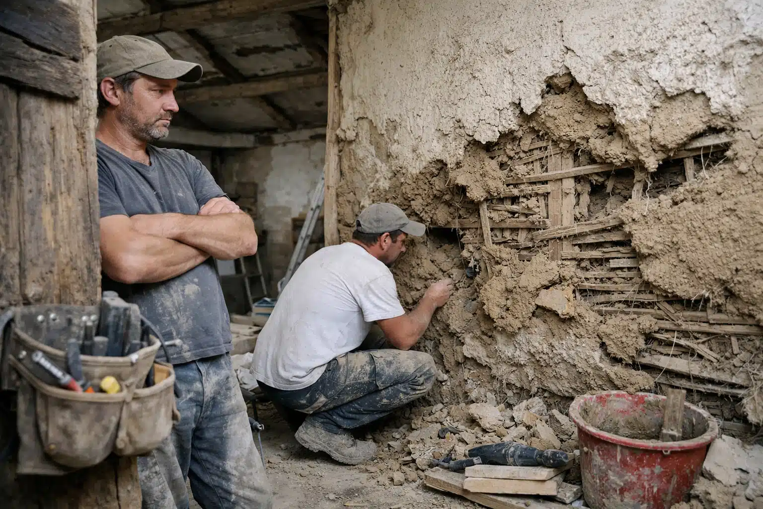 Deux ouvriers réparant un mur en torchis