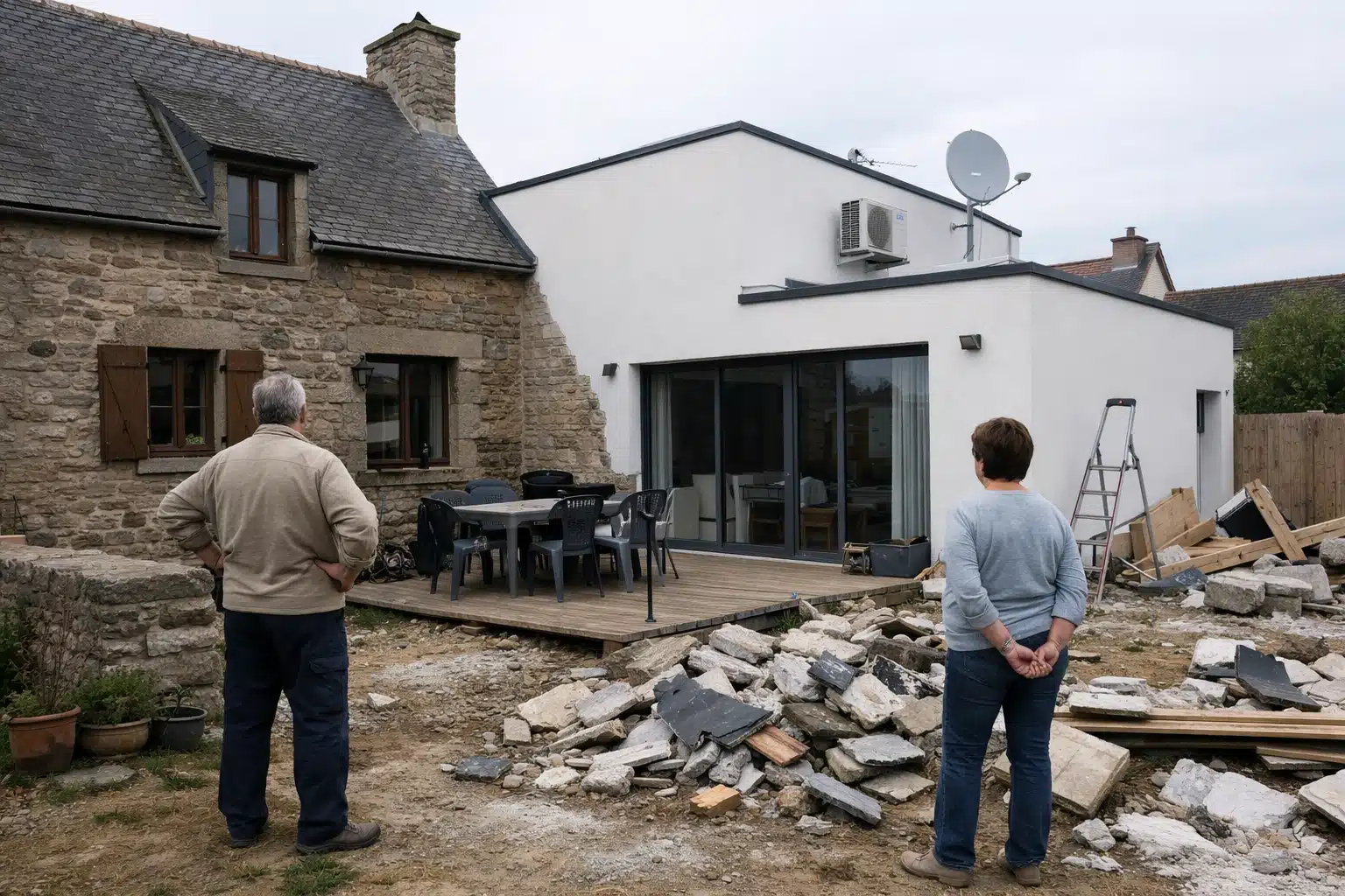 Deux personnes regardant pavés brisés devant extension maison