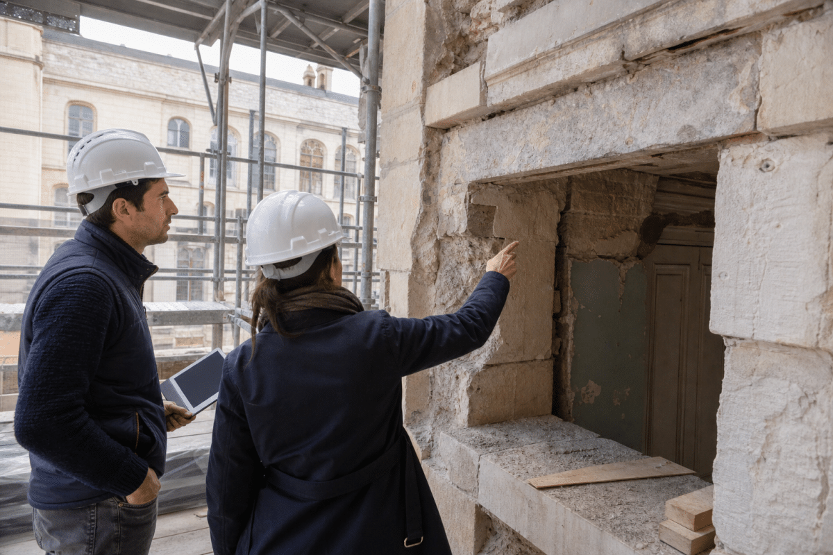 Deux professionnels en casque inspectant un mur en rénovation
