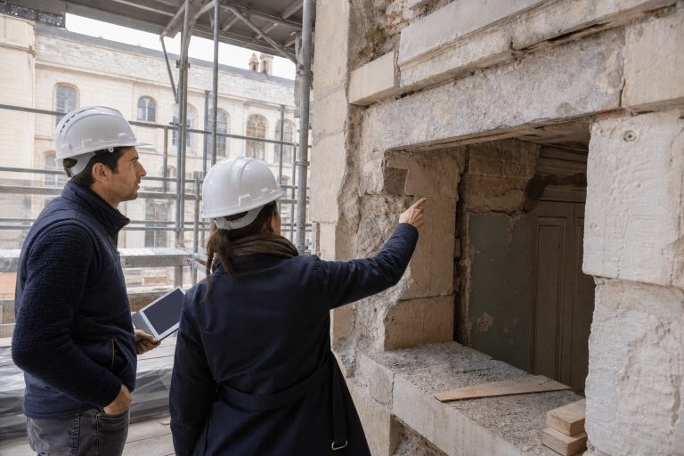 Deux professionnels en casque inspectant un mur en rénovation