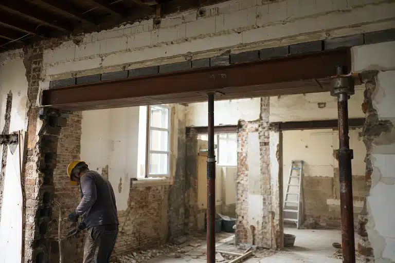 Ouvrier en casque démolissant un mur intérieur