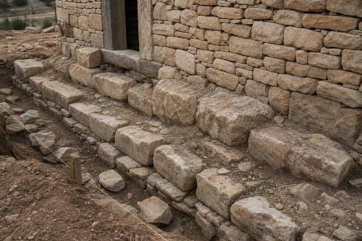 Marches en blocs de pierre devant mur ancien