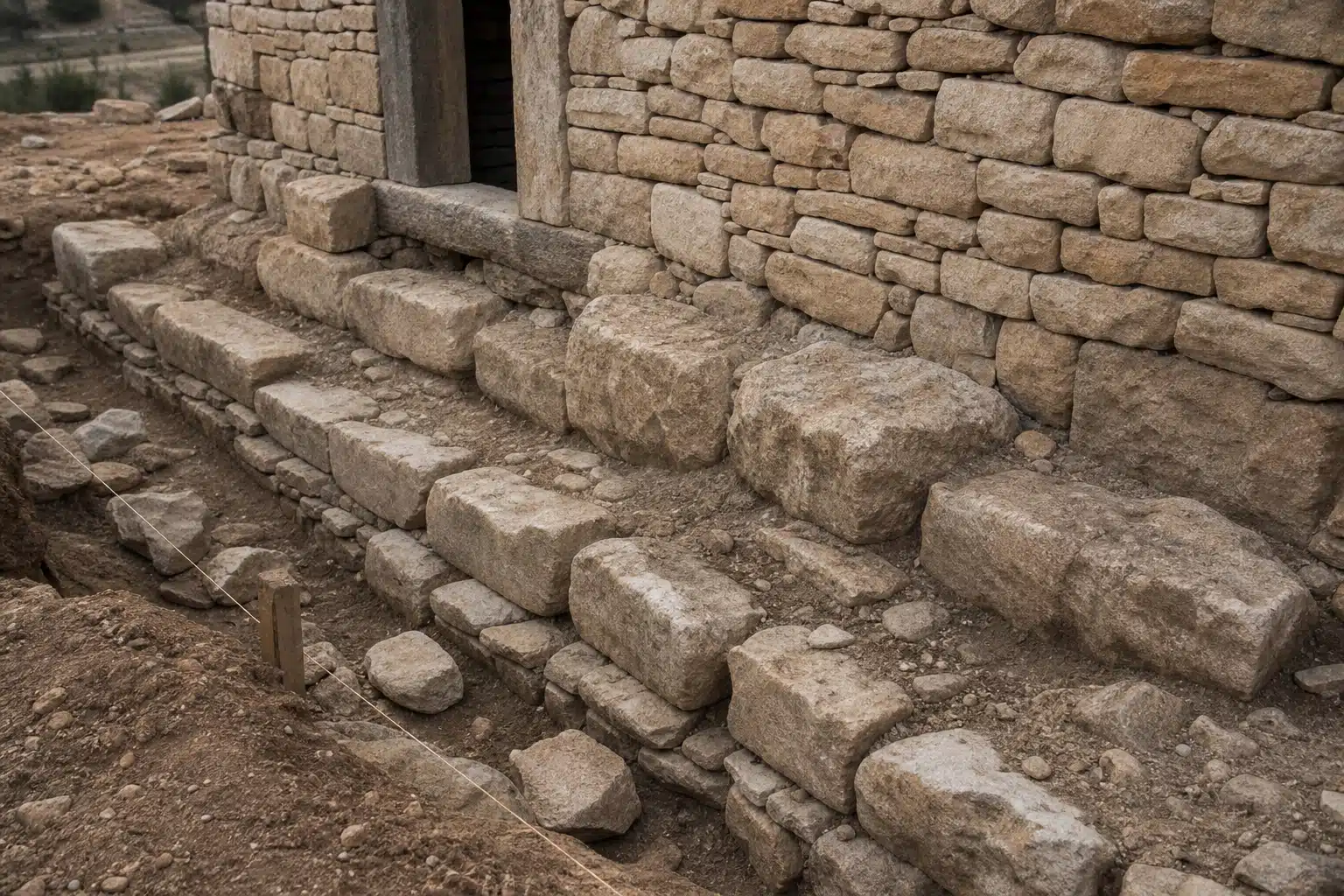 Marches en blocs de pierre devant mur ancien