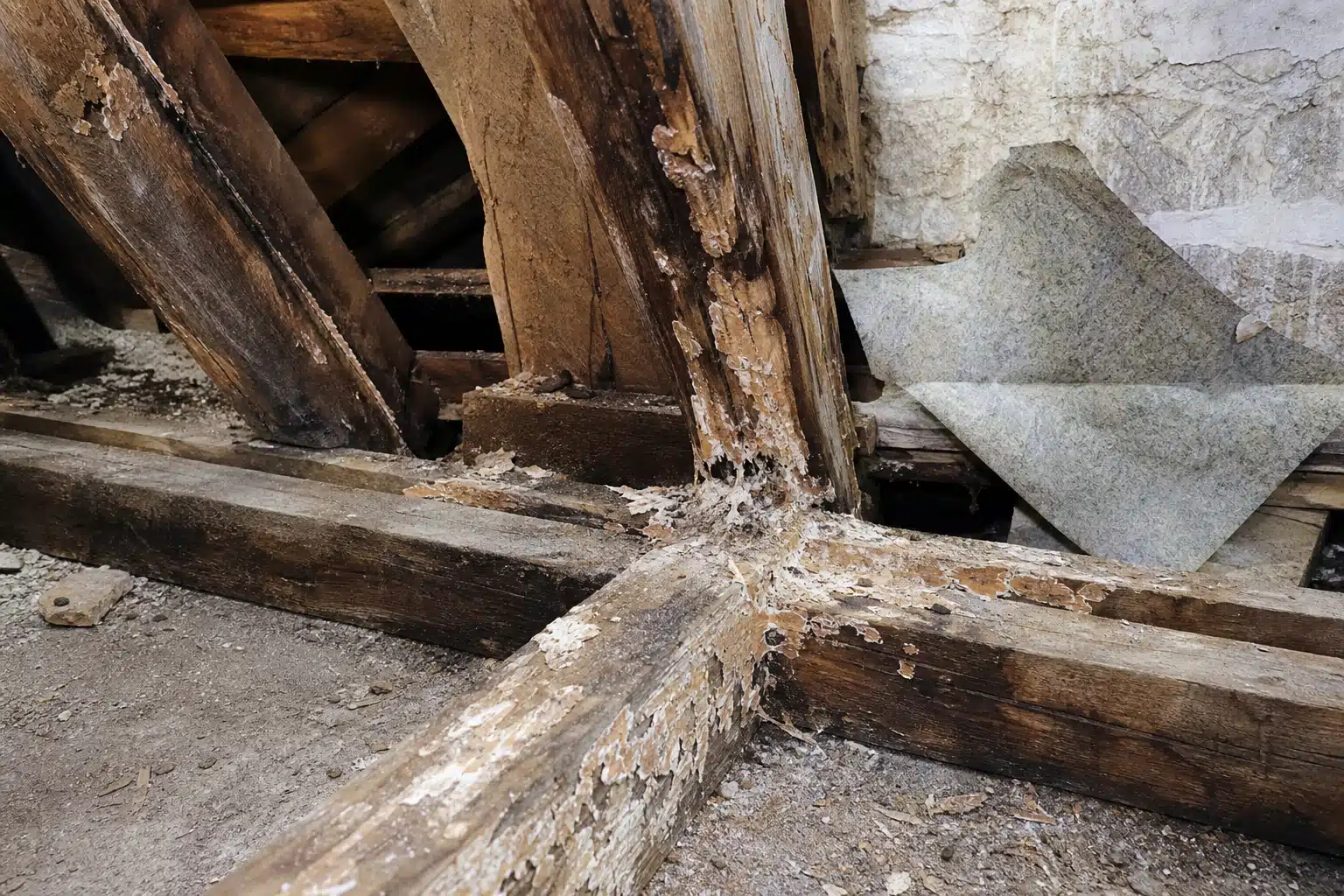 bois de charpente vermoulu avec traces d'humidité