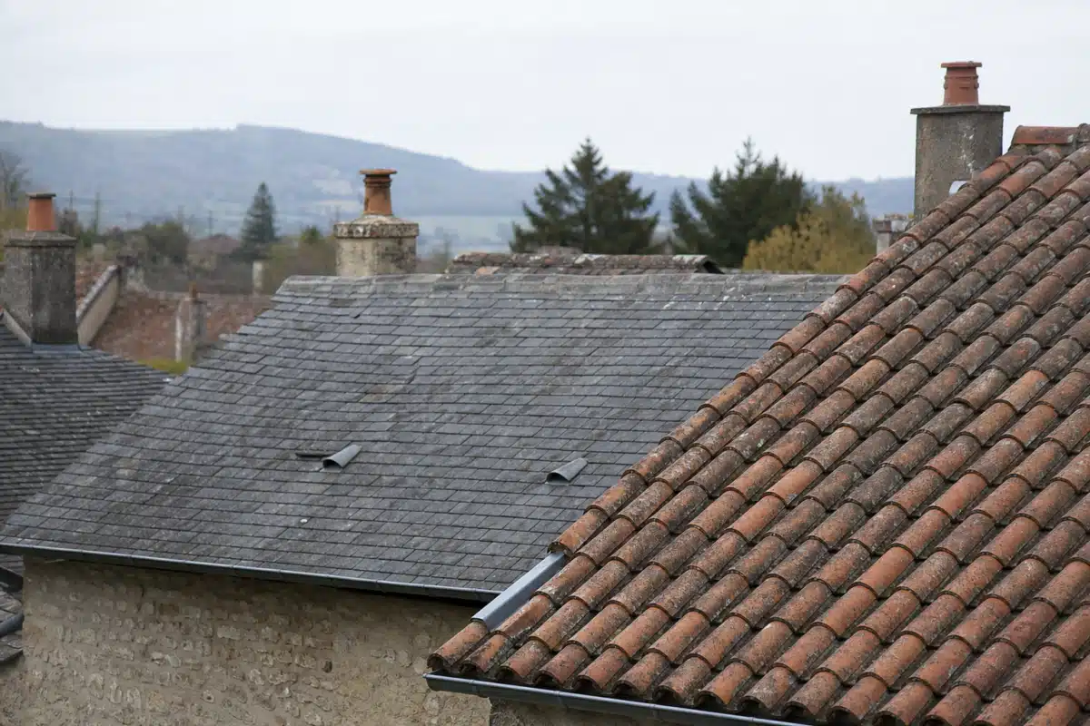 Toits en ardoise et tuiles, cheminée et collines